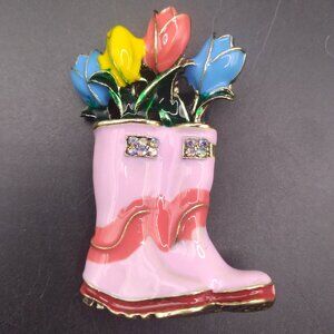 Enamel Tulips in Rainboots Vase Brooch